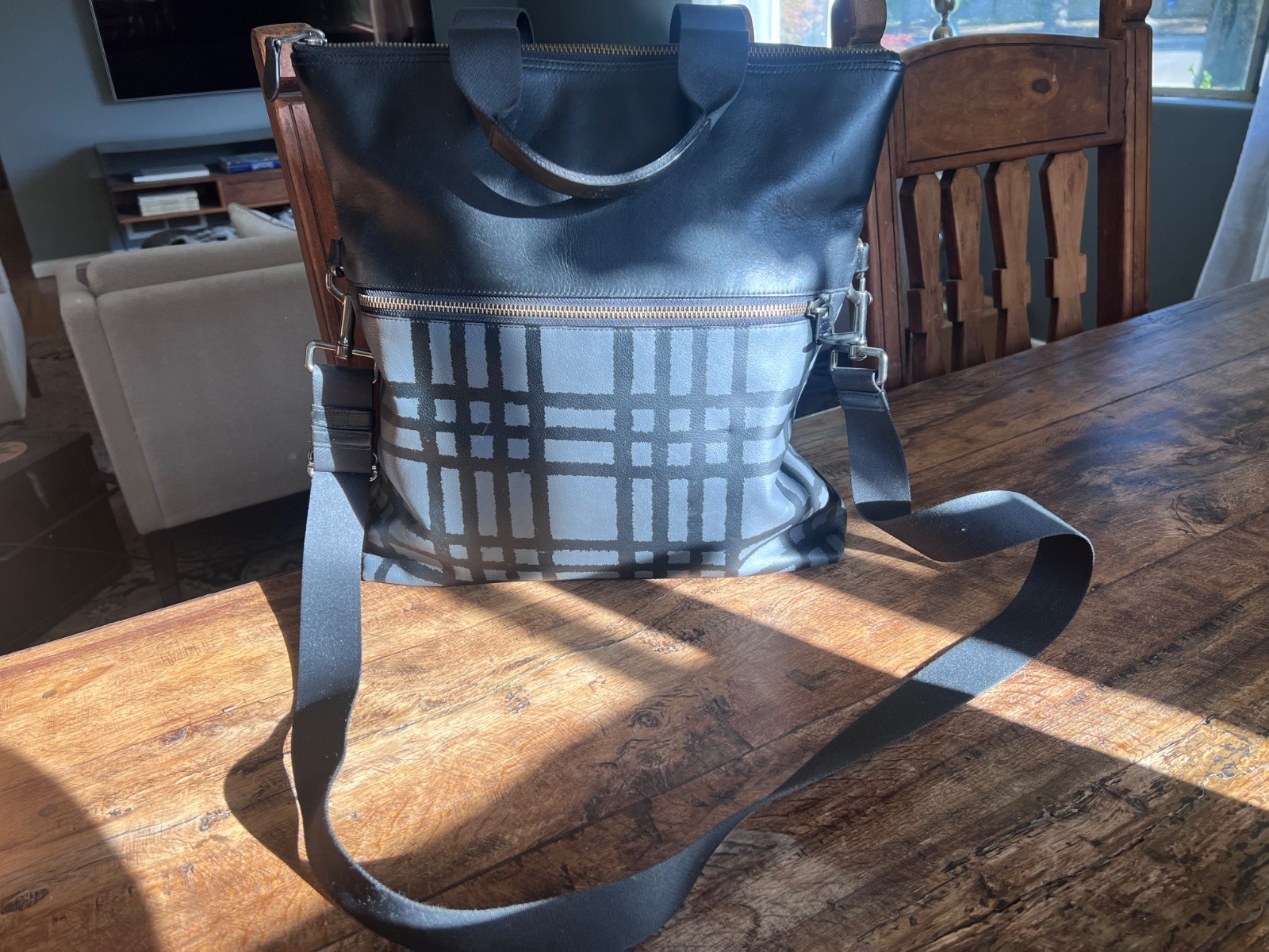 Coach Metropolitan Tote Bag Black Leather Grey Tartan Plaid Crossbody Laptop
