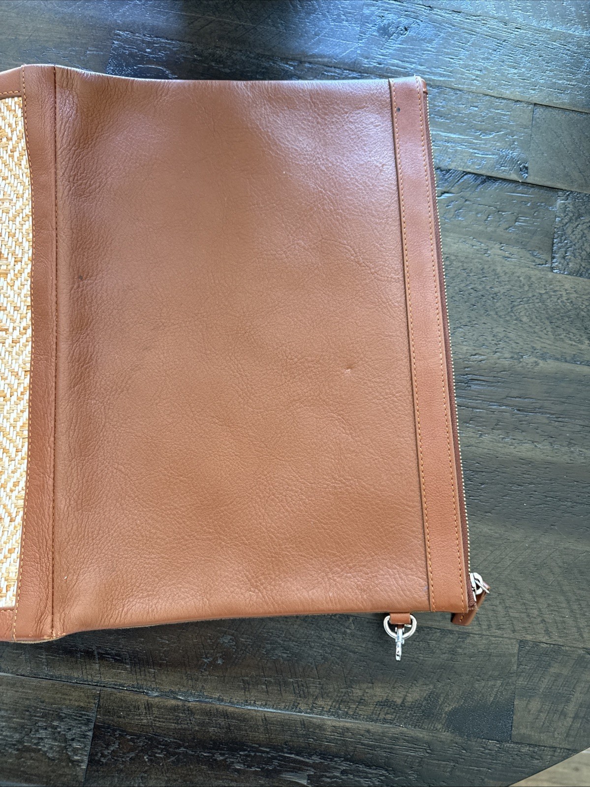 Want Les LES ESSENTIELS DE LA VIE Brown Leather Rattan Double Zip Folio Case