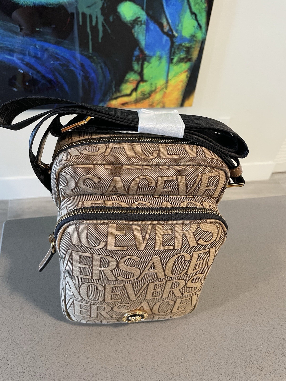 Versace Crossbody Canvas Fabric Allover Beige/brown $1200 Retail Authentic