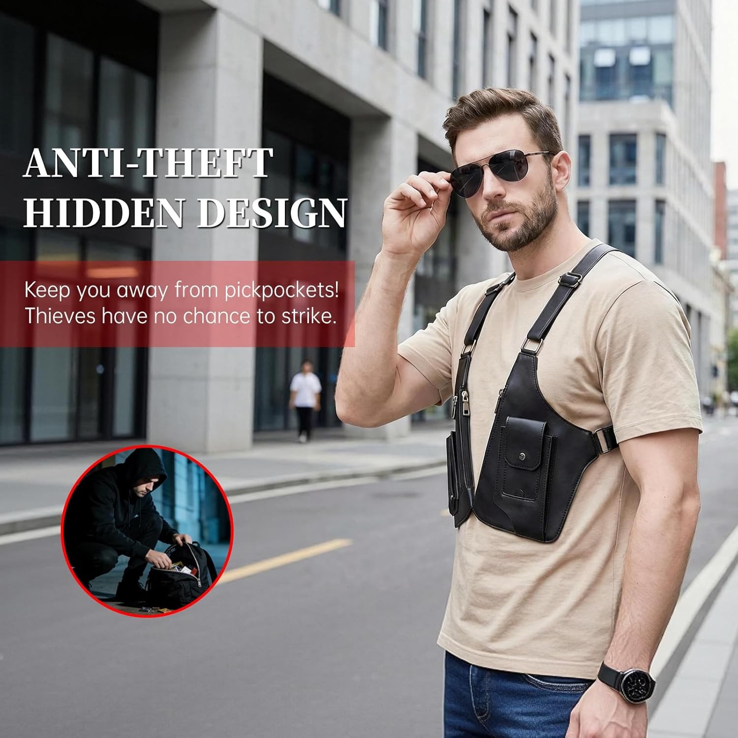 Men Double Shoulder Underarm Bag Anti Theft Holster PU Leather Travel Chest Bag