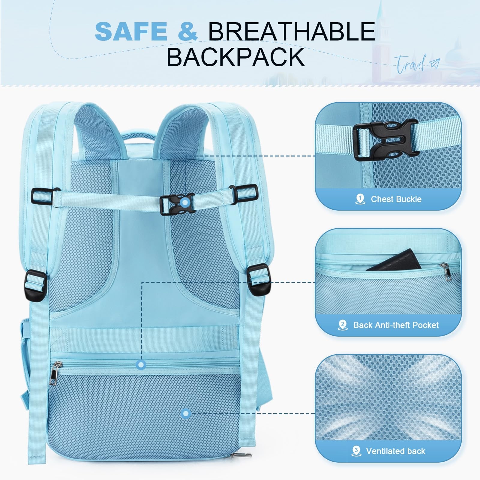 35L Large Upgrade Blue Waterproof Travel Backpack Crossbody Shoe Pocket