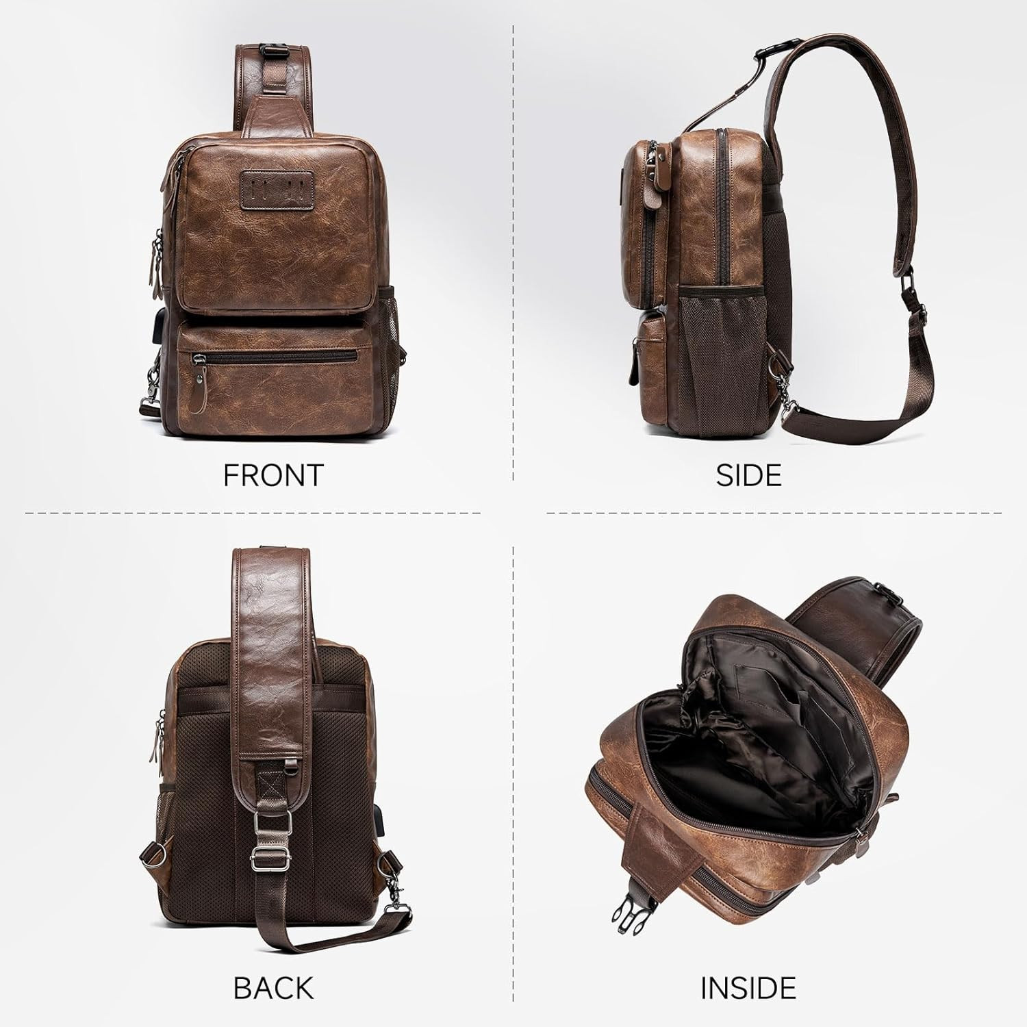 EDC Crossbody Bag for Men Leather Sling Bag, Tactical Chest Bag with USB Chargin