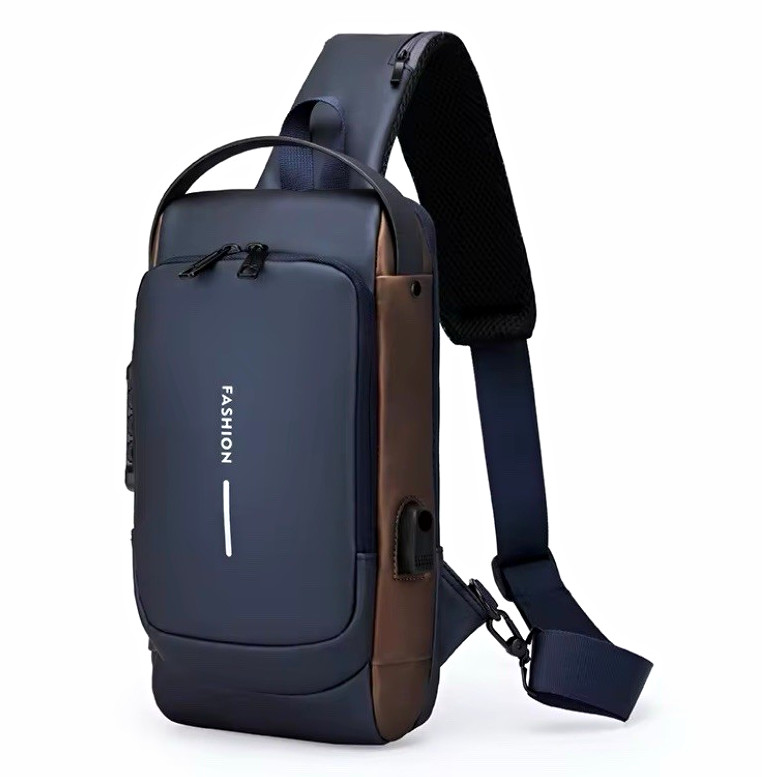 Water Resistant Sling Bag Crossbody Chest Pack USB Port Zip Blue