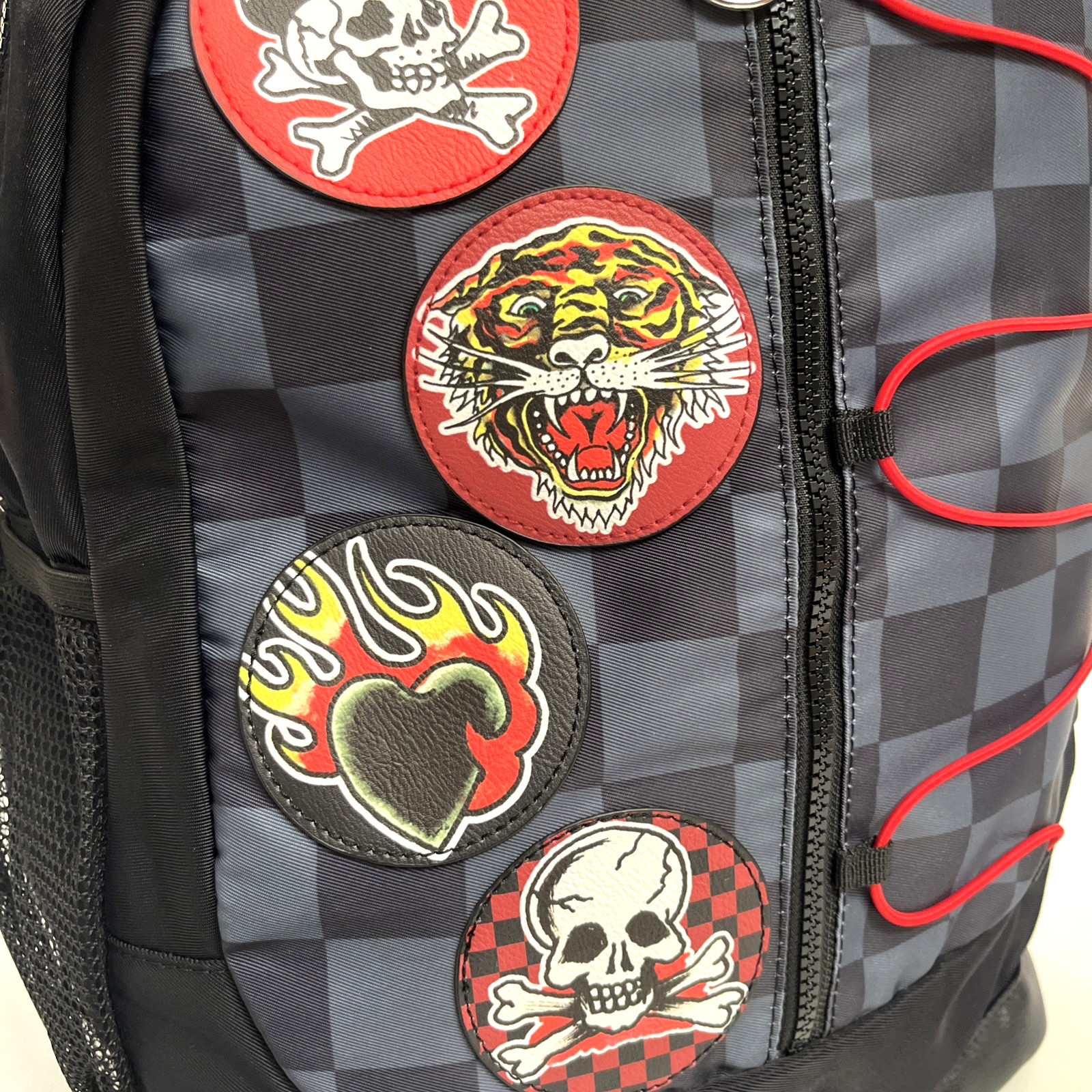 Ed Hardy Tattoo Patch Backpack Skull Tiger Flame Print Black Gray Checkered NWT