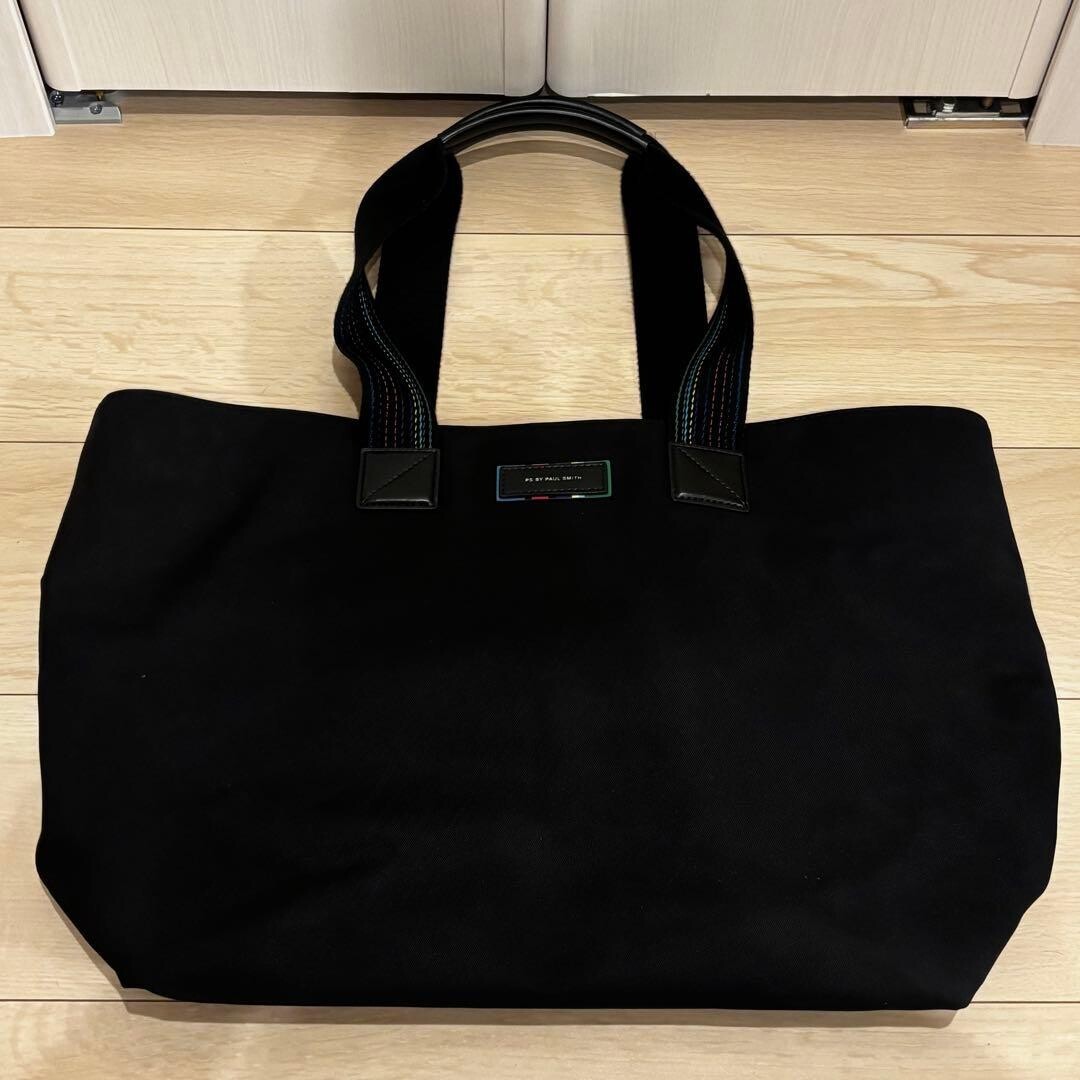 Paul Smith PS Black Canvas Tote Bag Multicolor Stitching Bottom Studs Men NEW
