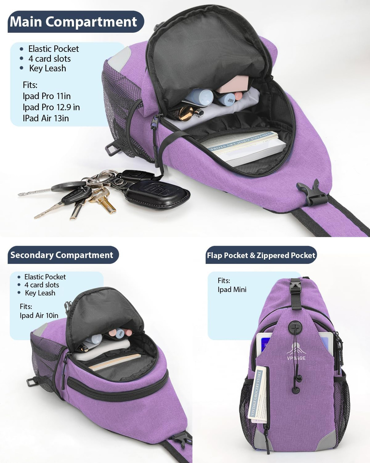 Sling Backpack for Women Men Water Bottle Holders 17 Pockets Travel Bag with