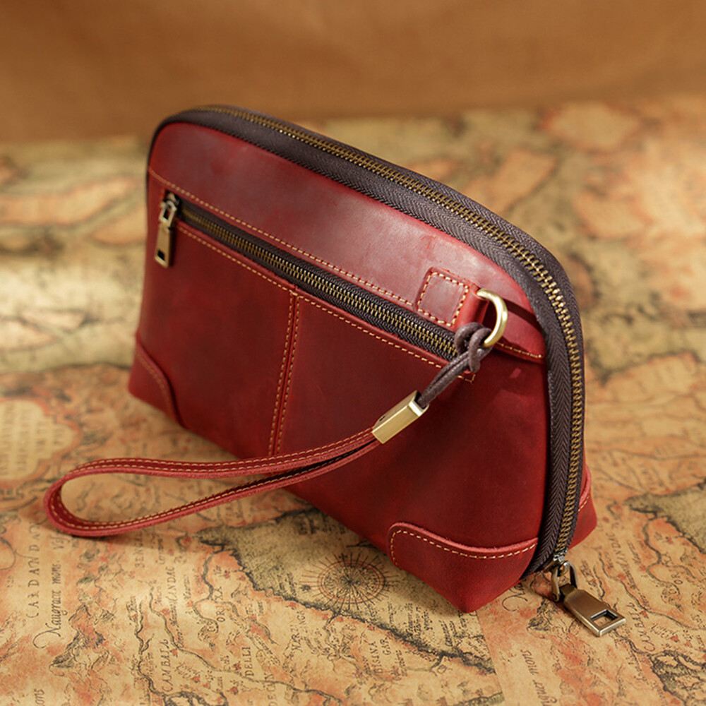 Genuine Leather Men Clutch Bag Earphone Charger Data Cable Storage Pouch Handbag