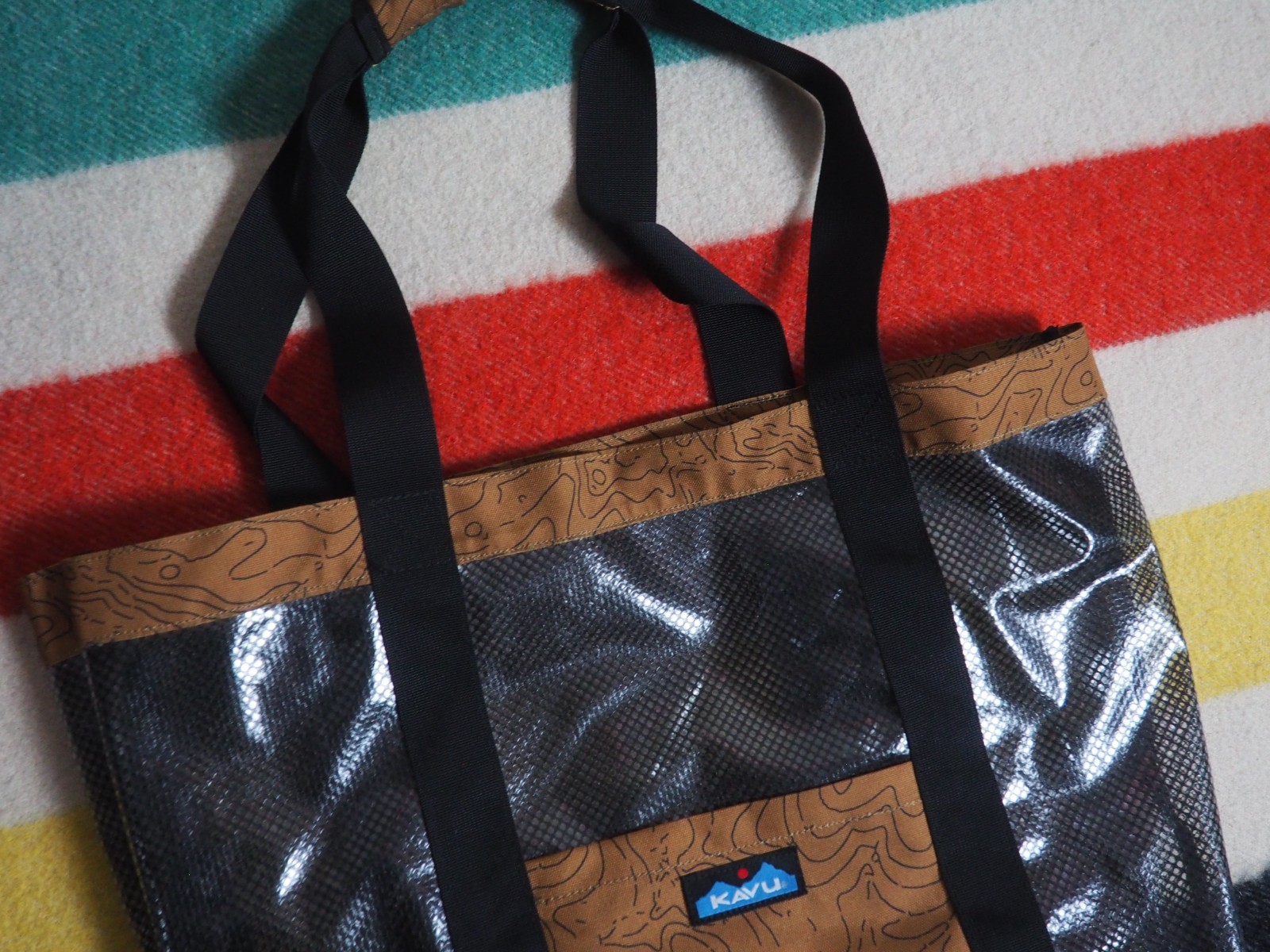Kavu Seattle Topo Brown Black Outdoor Camp Hike Strap Tote Bag Logo 15×20