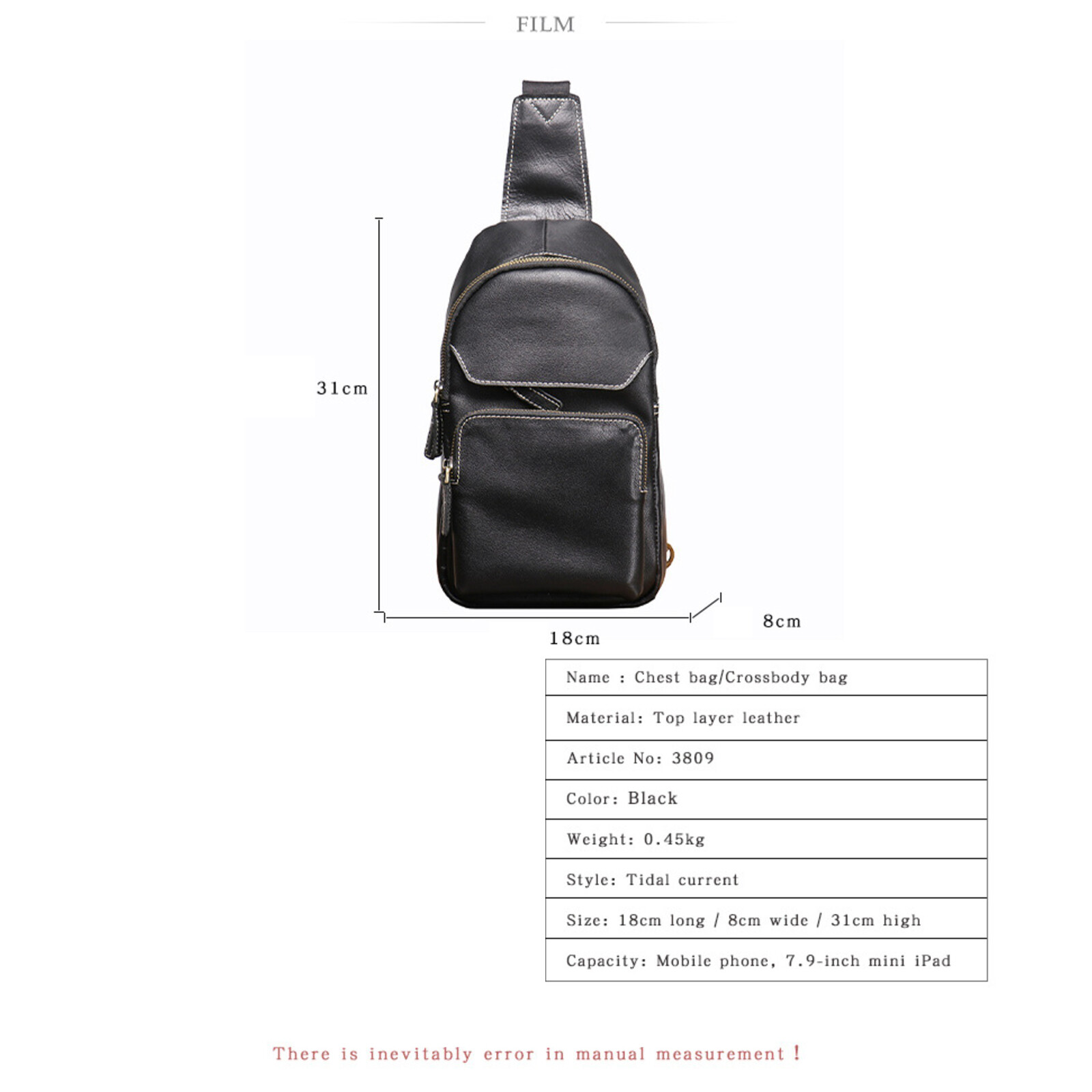 Men’s Leather Crossbody Sling Bag Chest Pack Shoulder Backpack Travel Black