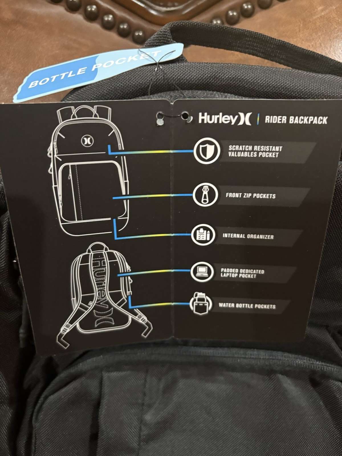 Hurley Rider Backpack Black Large NWT Laptop Compartment Front Zips Adjustable