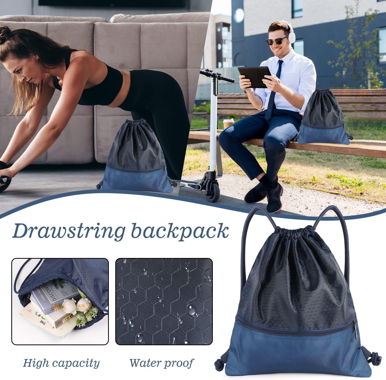 Drawstring Backpack Bag, Waterproof Draw String Back Sack with Zip Pocket, Gym D