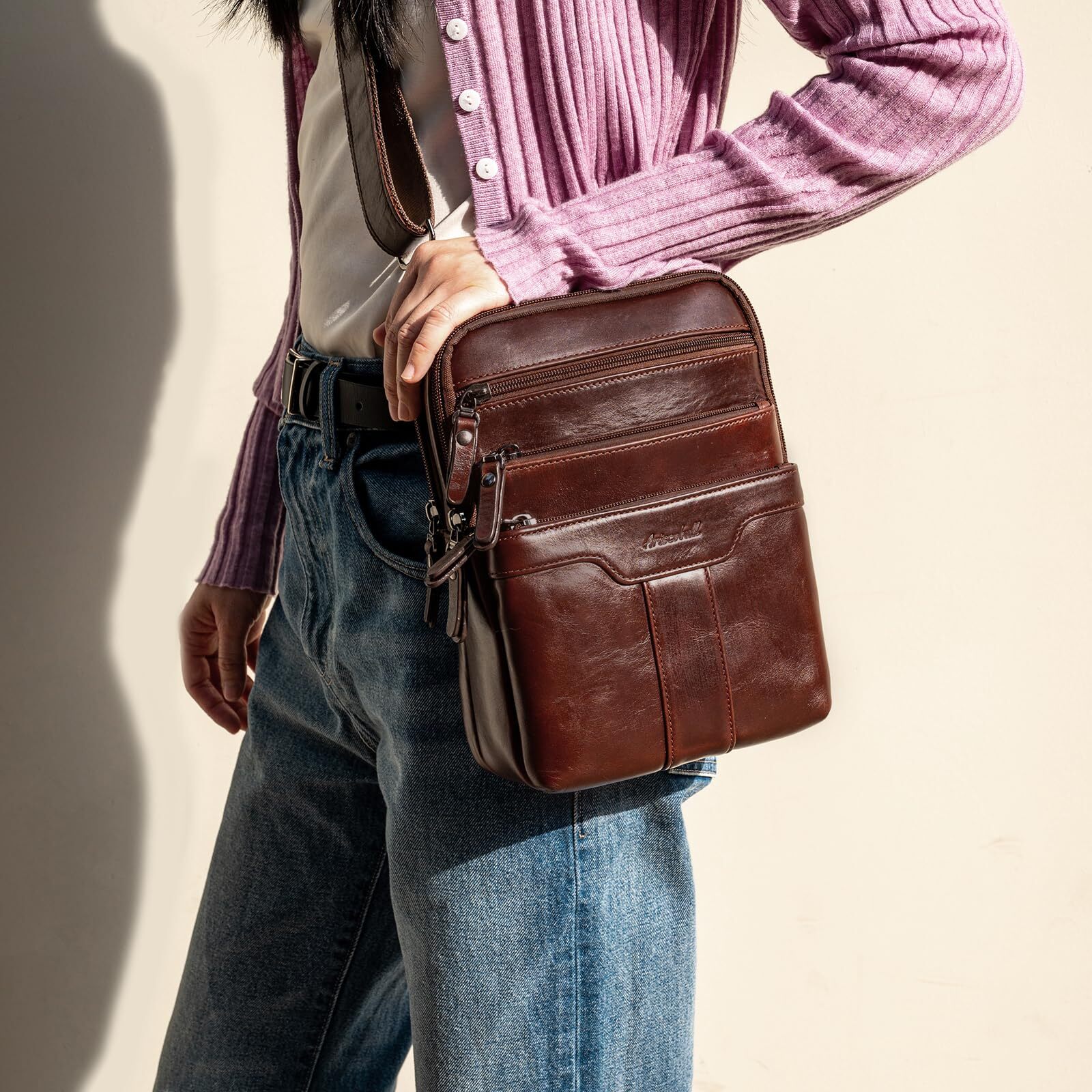 Leather Messenger Bag for Men, Small Leather Sling Shoulder Bag Messenger Pack