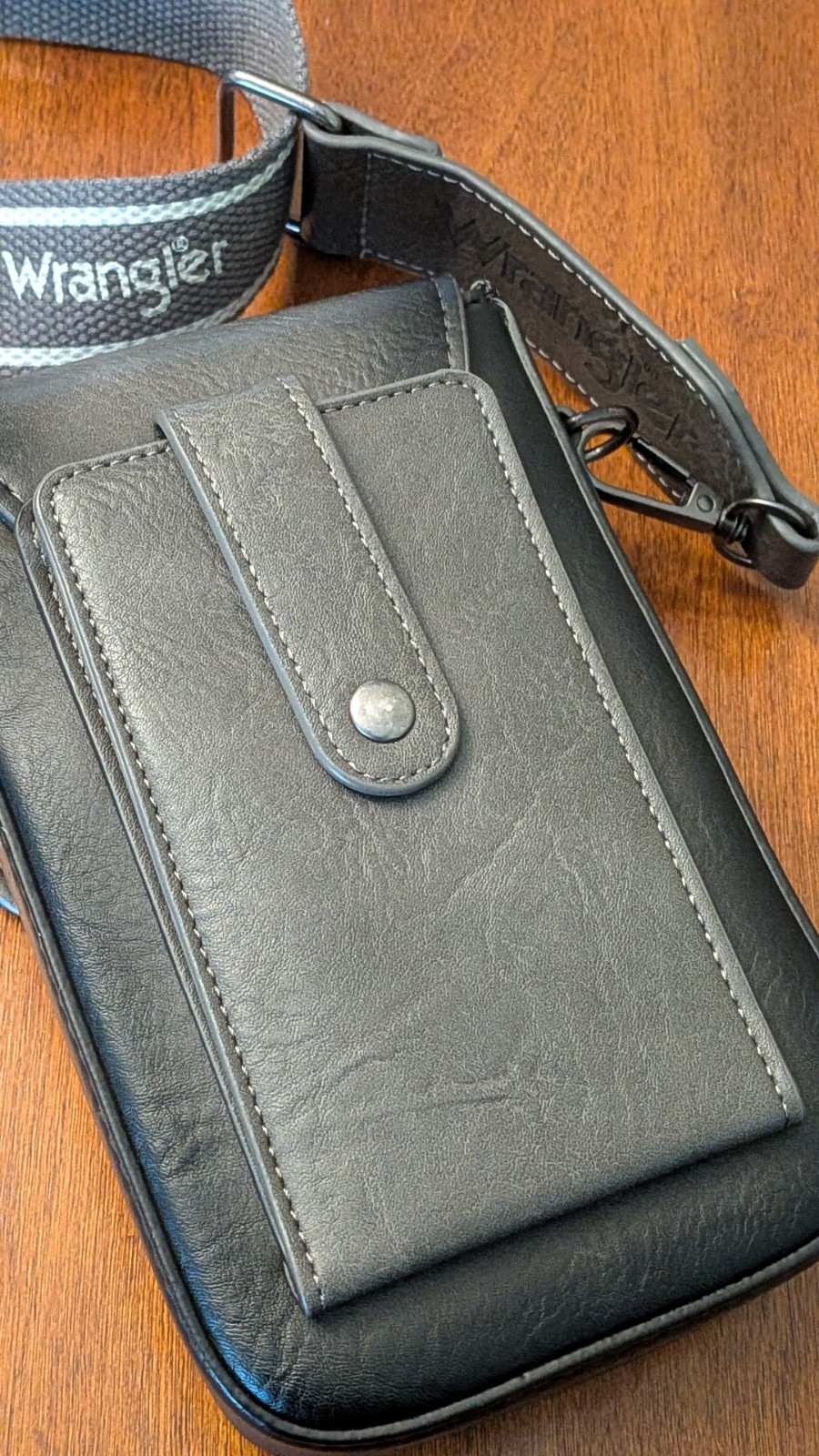 Wrangler Black Crossbody Bag, Zip & Snap Closure, Adjustable Strap, Pocket, Card