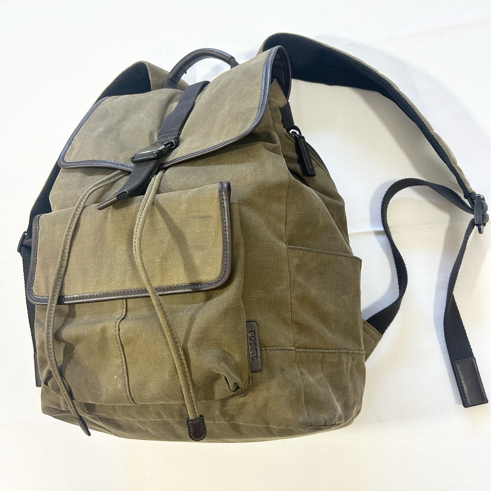 Fossil Buckner Canvas Olive/Khaki Brown Faux Leather Trim Rucksack Backpack Bag