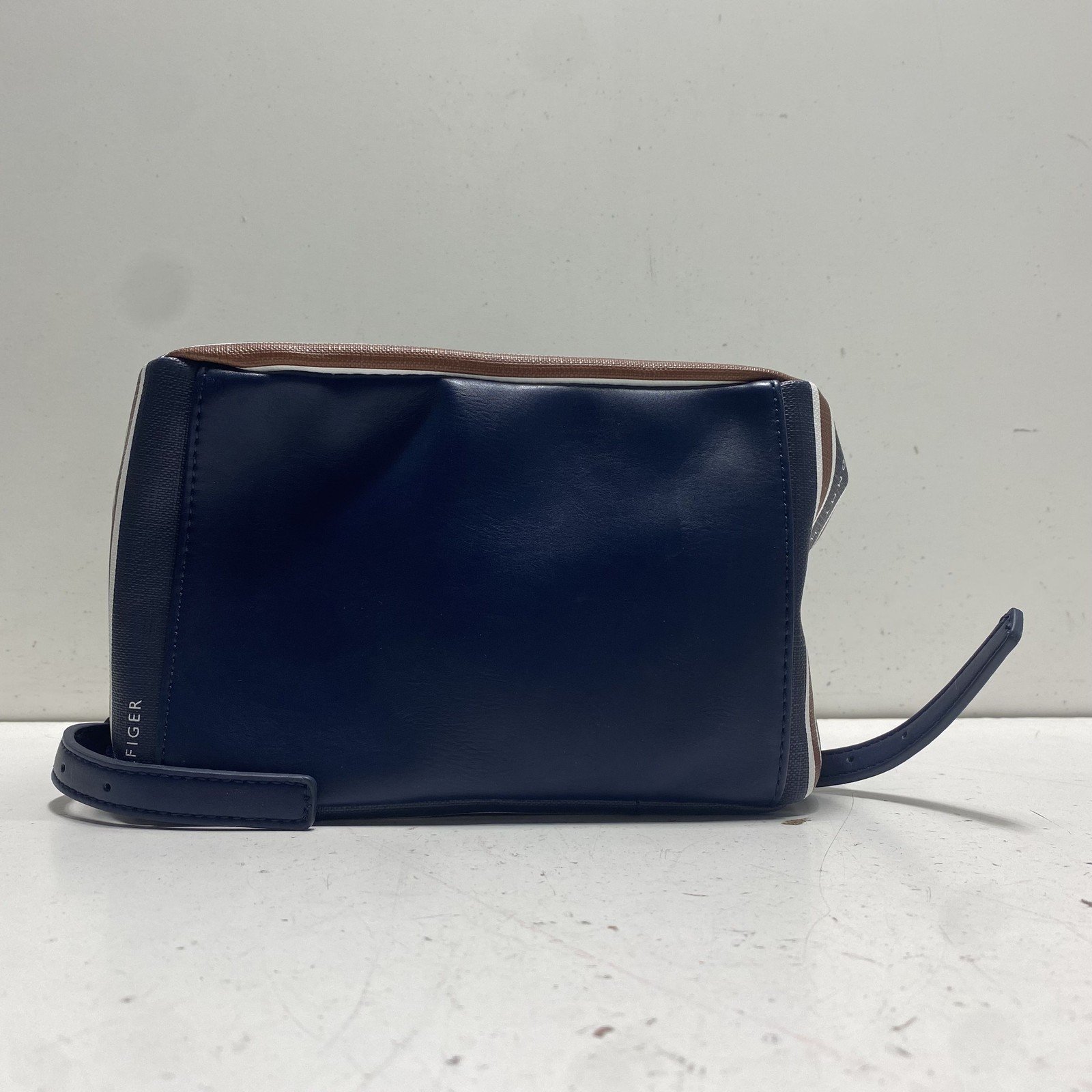 Tommy Hilfiger Navy Blue White Brown Striped Mini Backpack PVC Silver HW NWT
