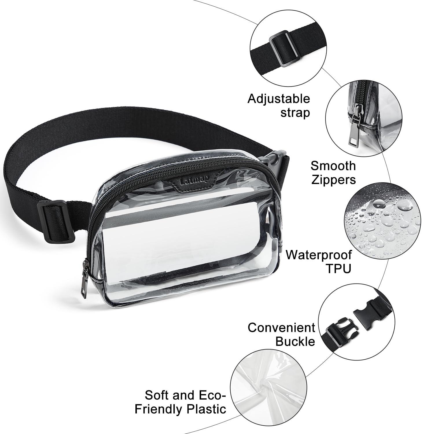 LATMAP 2L Clear Fanny Pack Stadium 8.5 x 2.5 x 6 inches, Small Size-Black