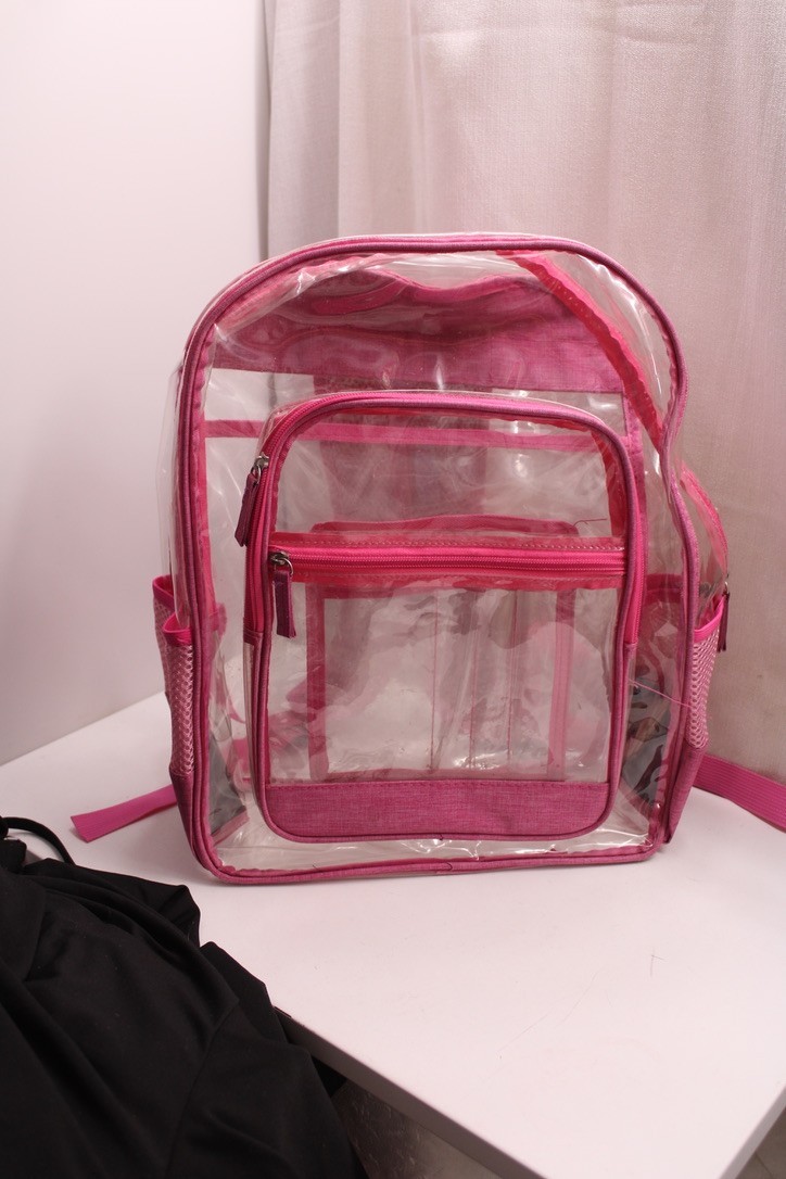 Pink transparent PVC plastic backpack Pink trim straps 13X15X6 inches