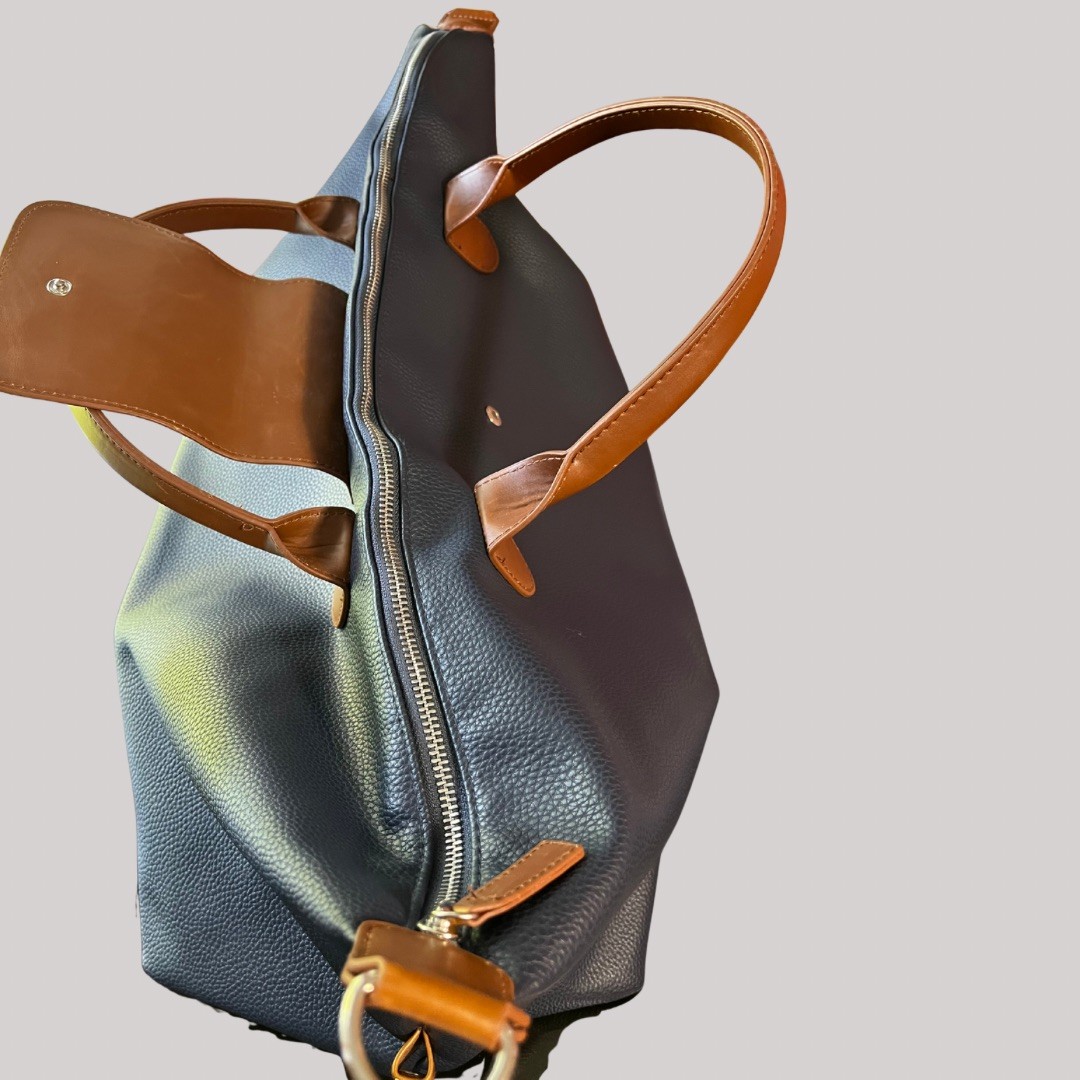 Brouk & Co Alpha Duffle Weekender Bag Vegan Pebbled Leather Navy Blue Brown Trim
