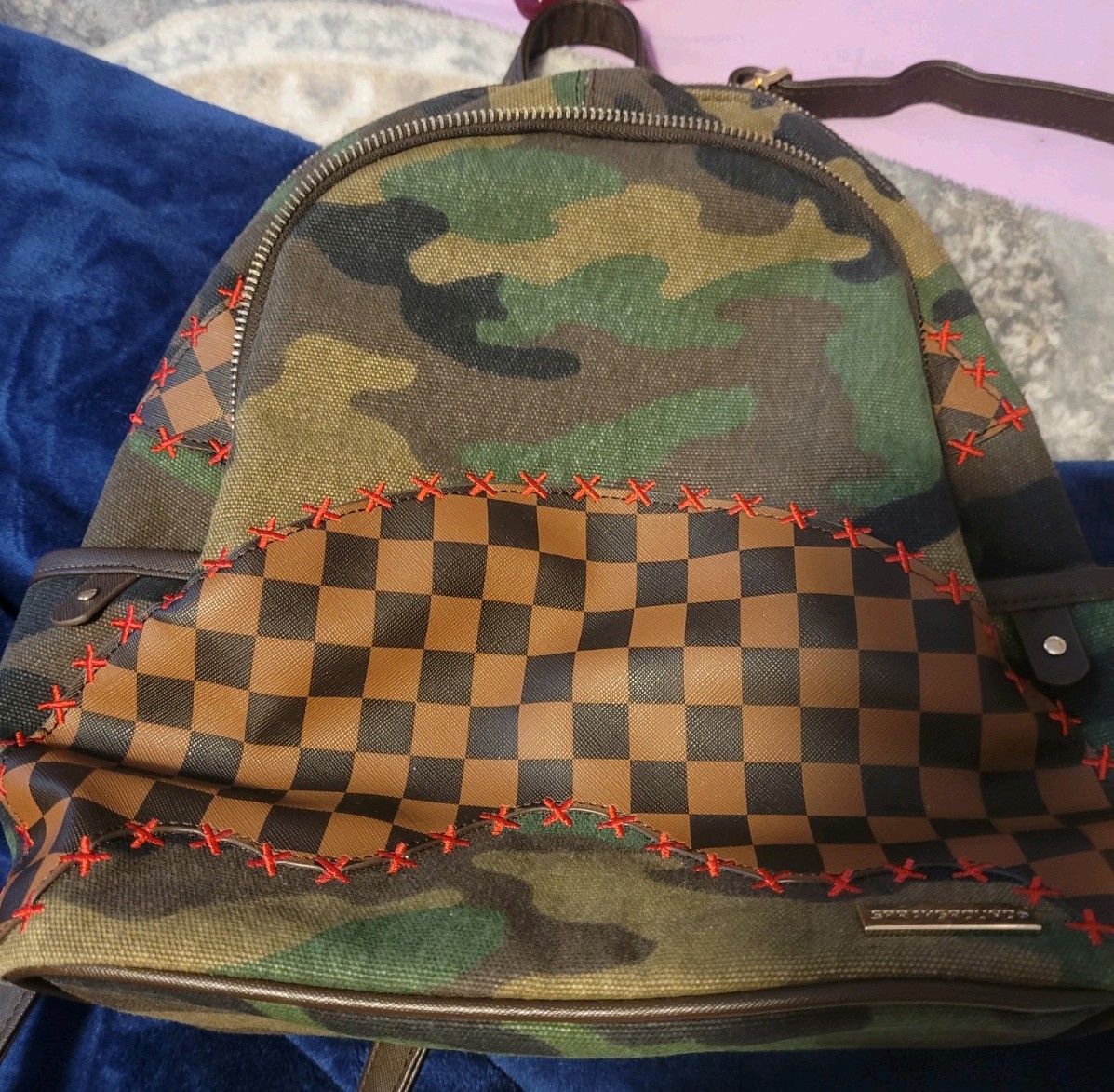 Sprayground Limited Edition Camo Backpack Brown Checkered Orange Lining Zip