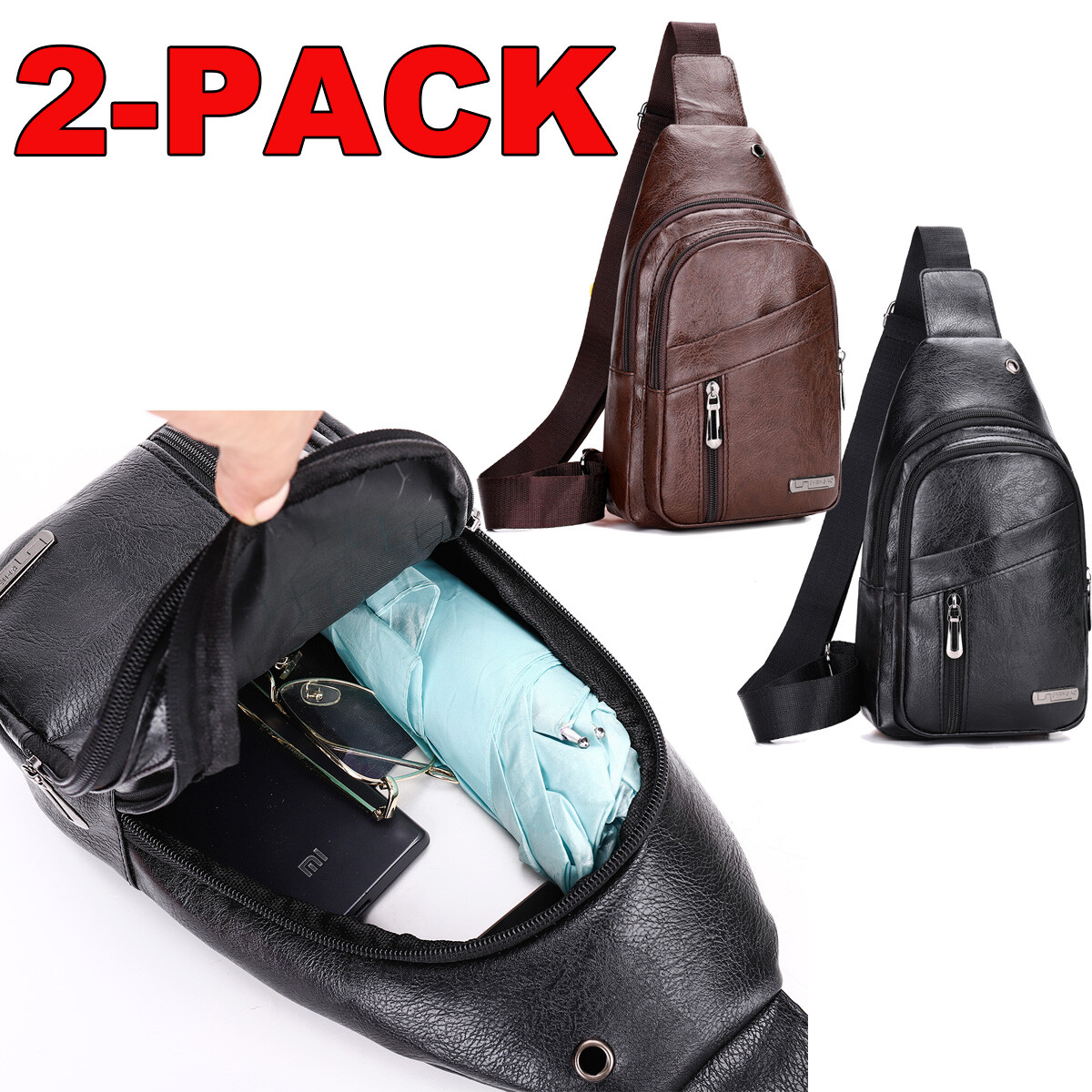 2x Men’s Crossbody Bags PU Leather Chest Bags Travel Leisure Mobile Phone Bags