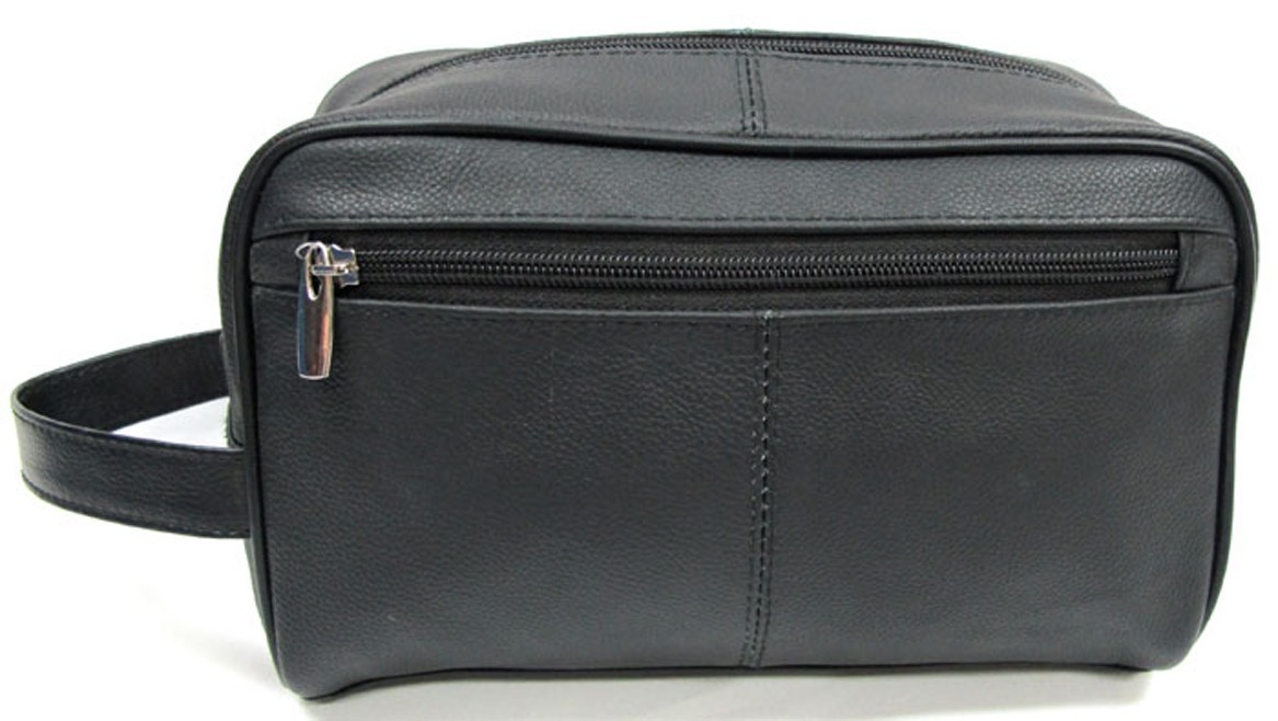 Quality Genuine Cow Leather Men’s Shaving Toiletry and Travel Bag 3 Zipper Black