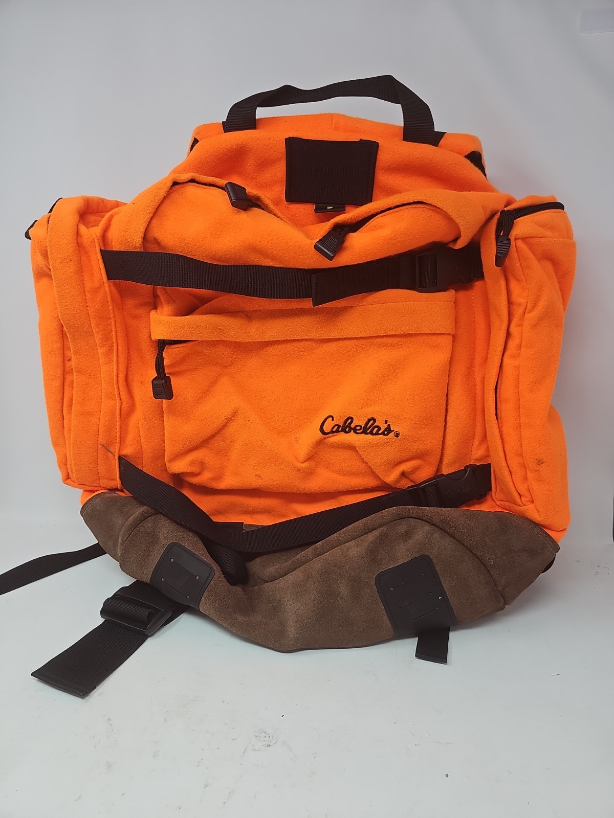 Vtg 90s Cabelas Orange Leather-Bottom Hunting Backpack Fishing Hike Bag USA Made