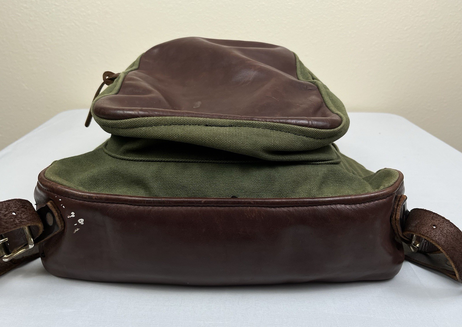 Duluth Pack Green Canvas & Brown Leather Backpack Made In USA YKK Zip Rare