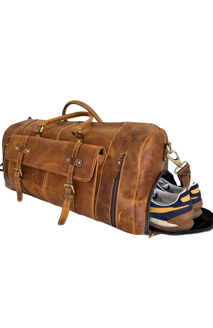 KomalC Leather Duffel Bag Mens Large Brown Overnight Travel Weekender Carry On