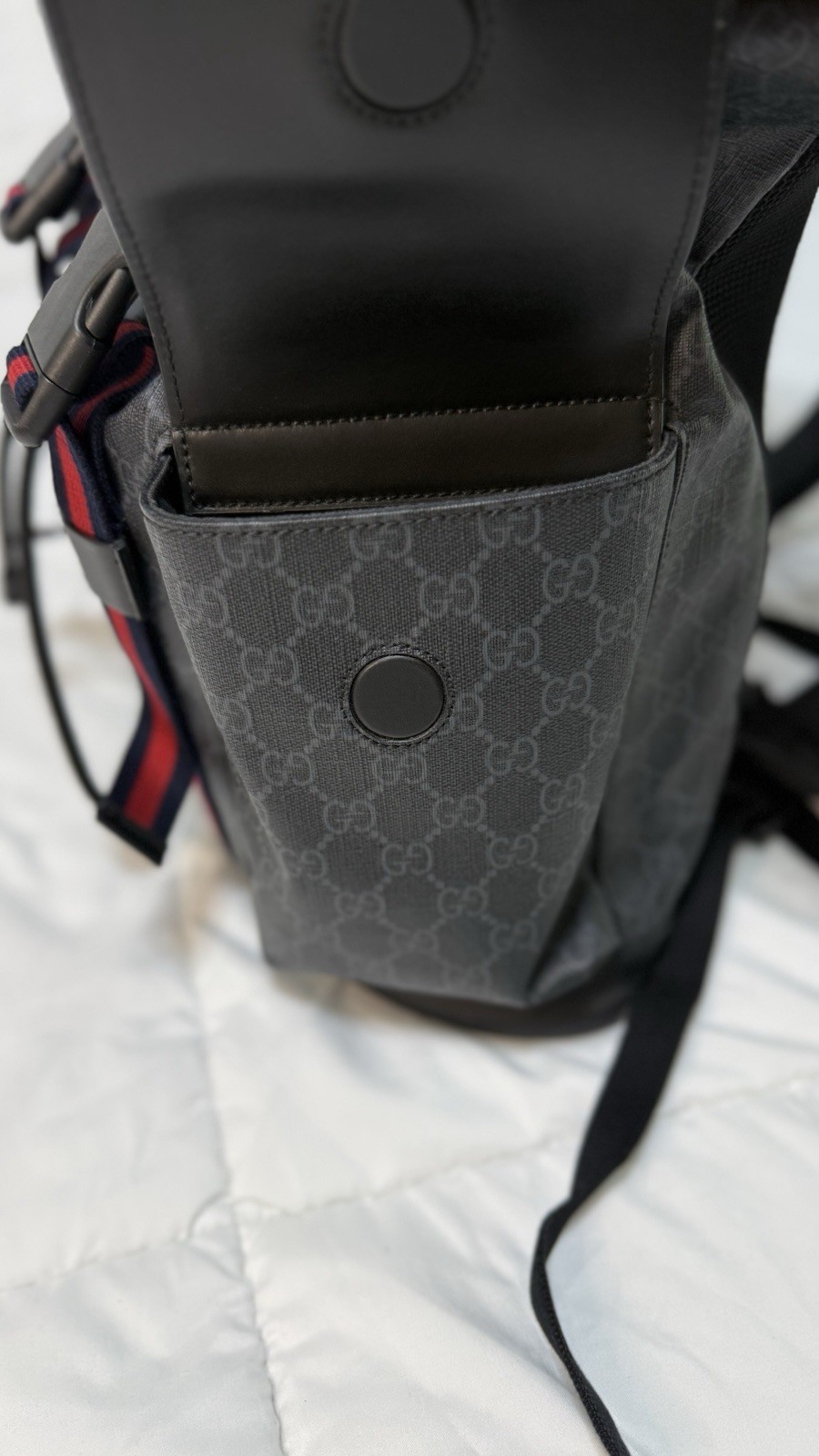 Gucci GG Monogram Drawstring Backpack Black/Gray Web Stripe, Adjustable, Pockets