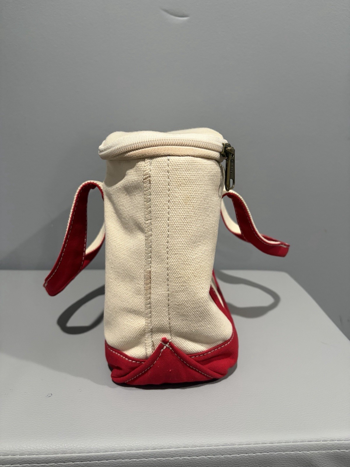 Vintage LL Bean Small Boat Tote Insulated Cooler Lunch Bag Beige Red Handles
