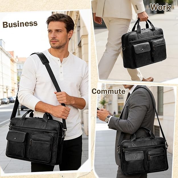 Leather Briefcase Men 15.6″ Laptop Bag Messenger Business Work Tote Waterproof