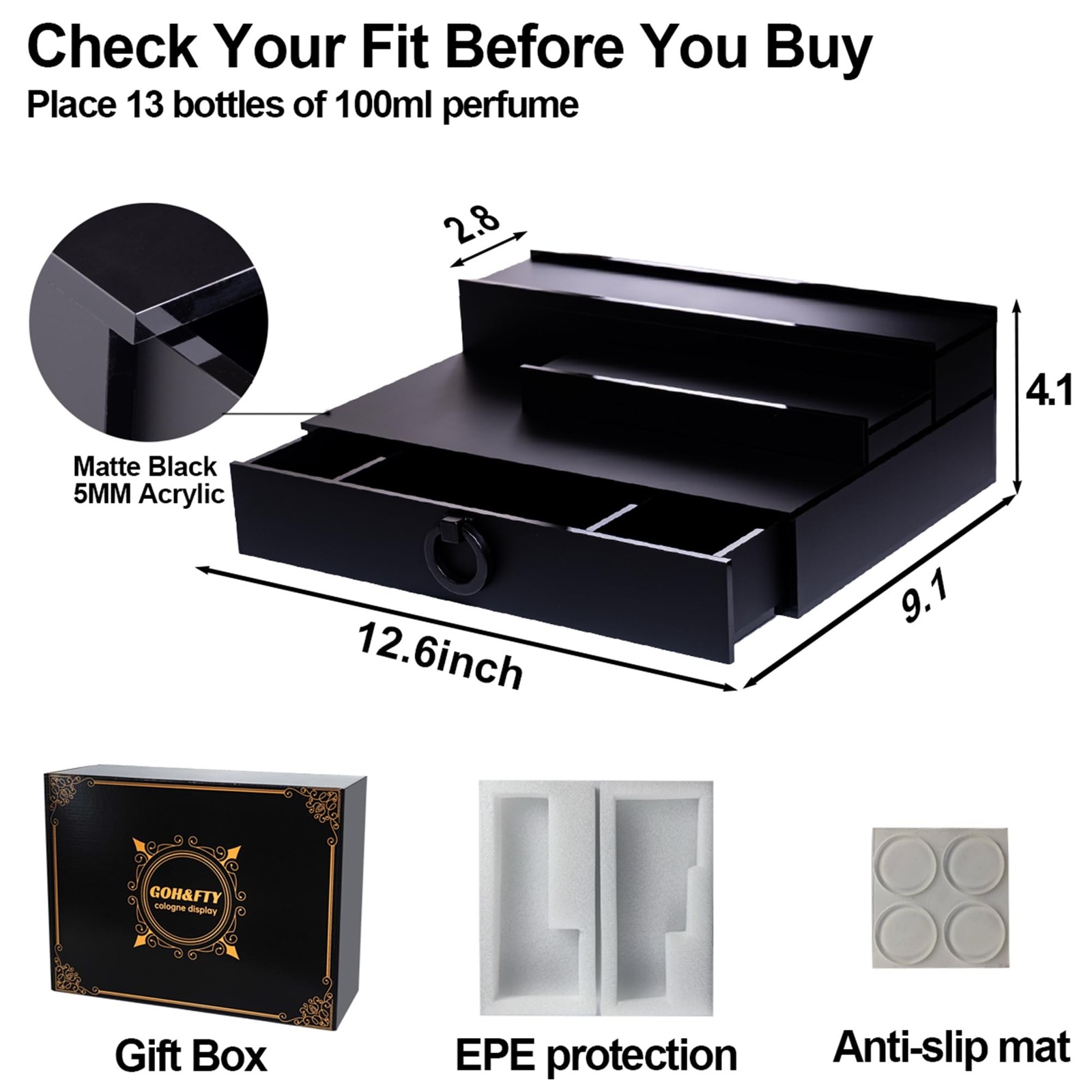 Men’s Valet Organizer with Drawer, Hidden Compartment, Matte Black