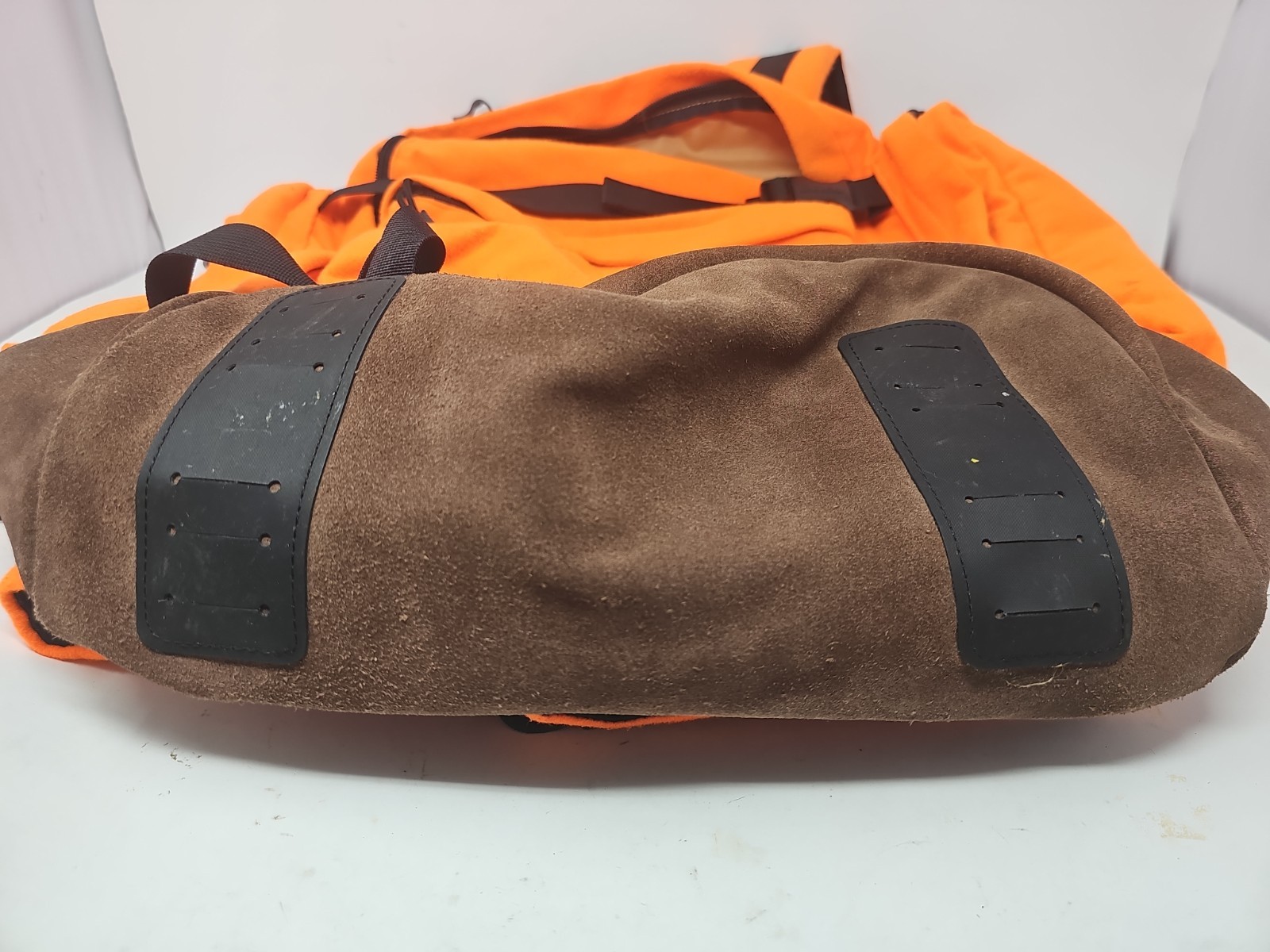Vtg 90s Cabelas Orange Leather-Bottom Hunting Backpack Fishing Hike Bag USA Made