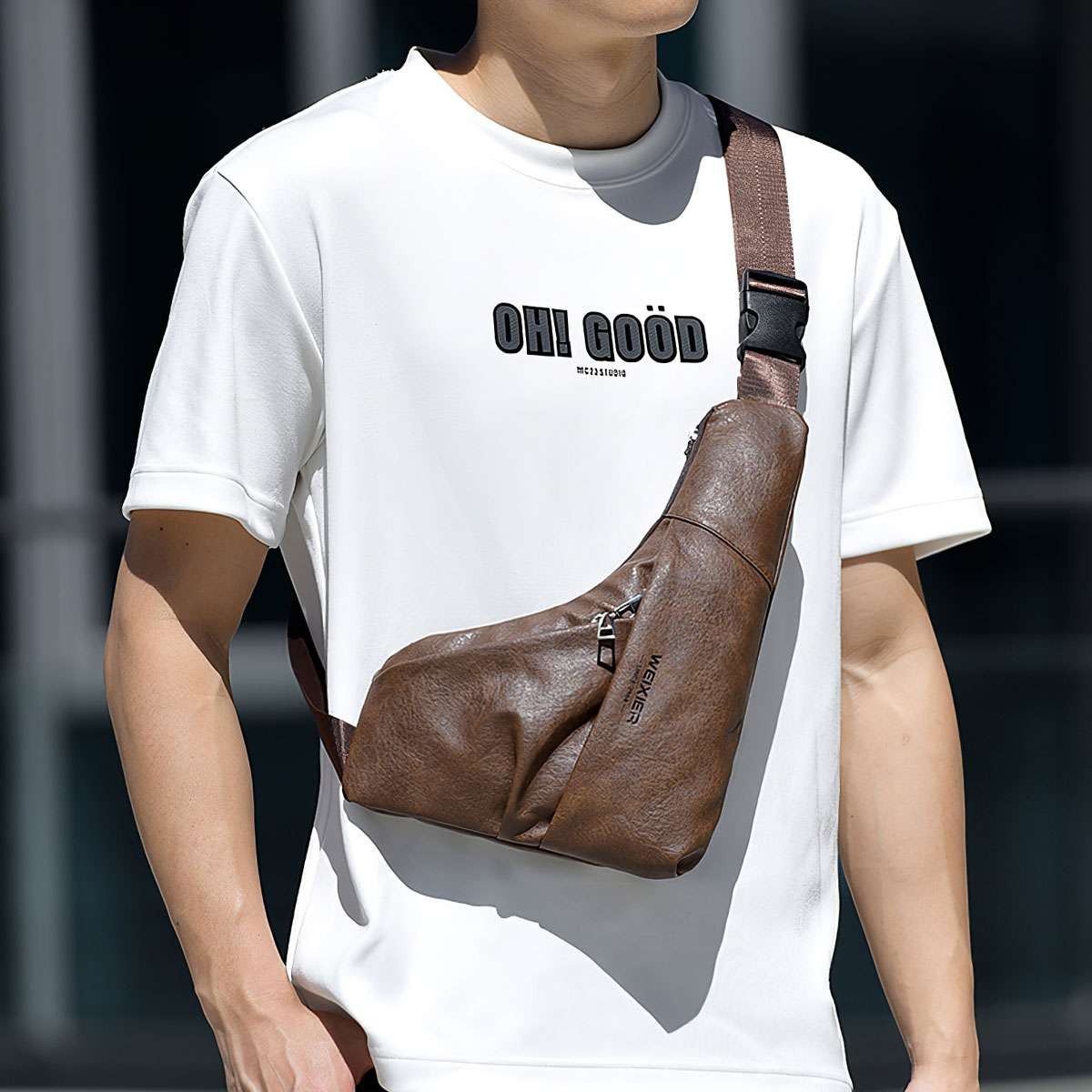 Men’s Waterproof PU Leather Chest Bag Travel Sport Shoulder Cross Body Backpack