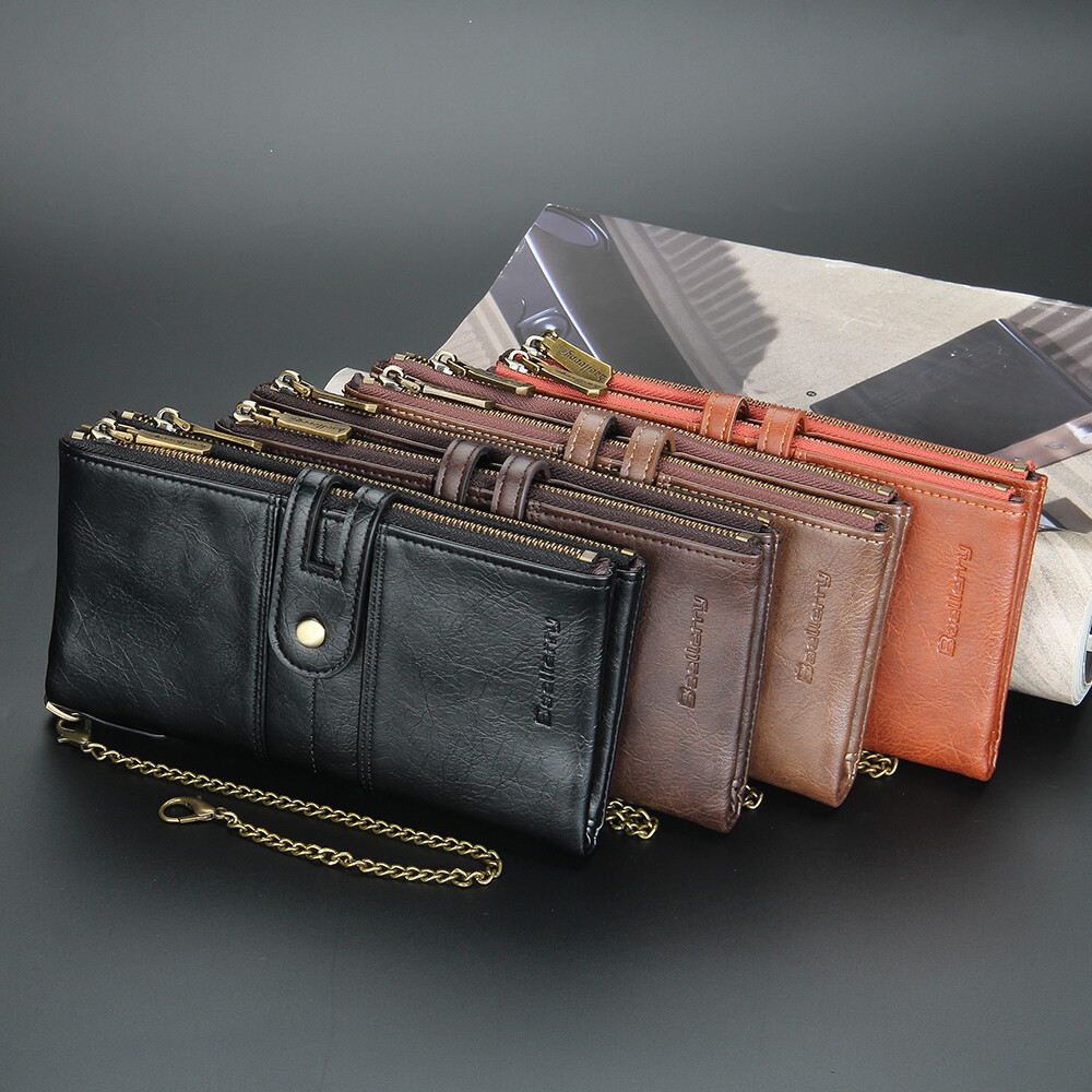 Men Wallet with Anti-Theft Chain RFID Blocking Leather Purse Zipper Phone Holder