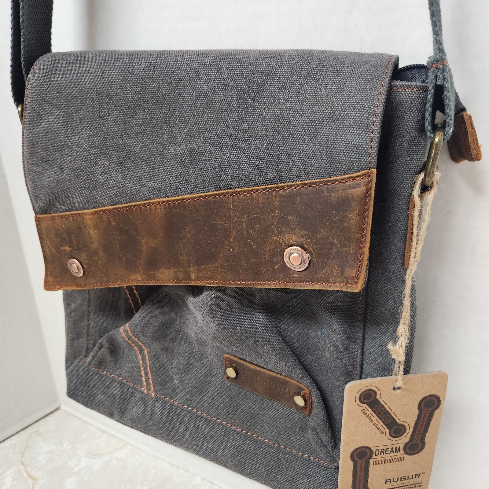 Augur Messenger Bag Leather Canvas Shoulder Crossbody Purse Grey #9088