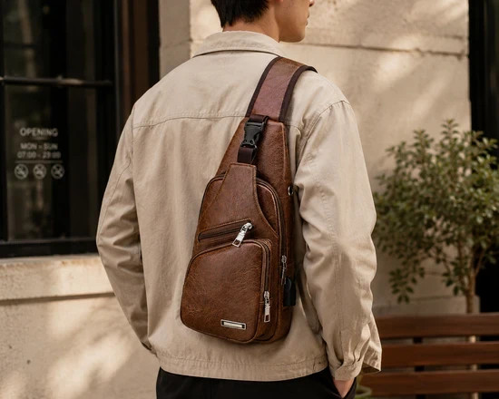 Chest Crossbody Bag Sling Backpack for Men with USB Charge Port Hole