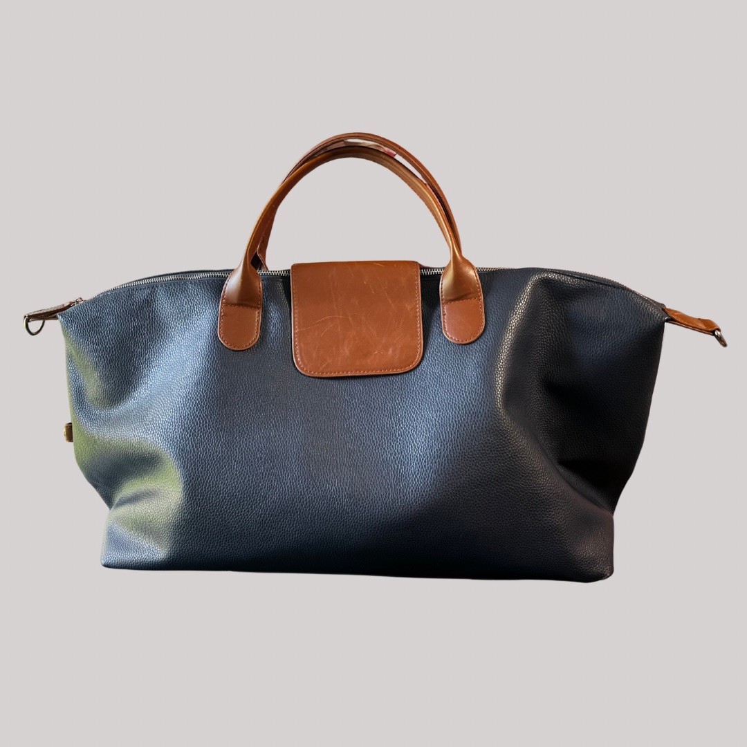 Brouk & Co Alpha Duffle Weekender Bag Vegan Pebbled Leather Navy Blue Brown Trim