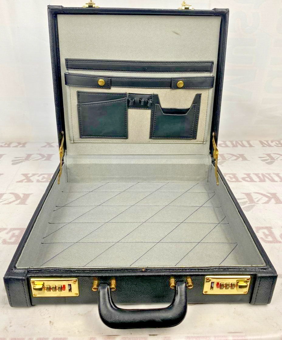 Black Leather Attache Briefcase Combination Lock Business Document Case Office