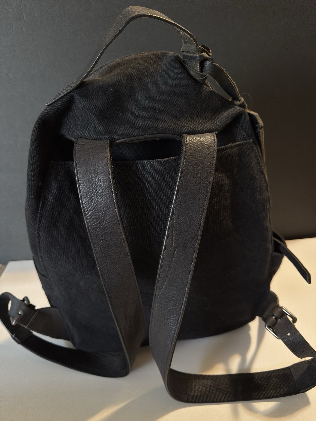 John Varvatos Bagpack Black Washed Denim W/Leather Strap Size 9”x5”x16” MSRP$225