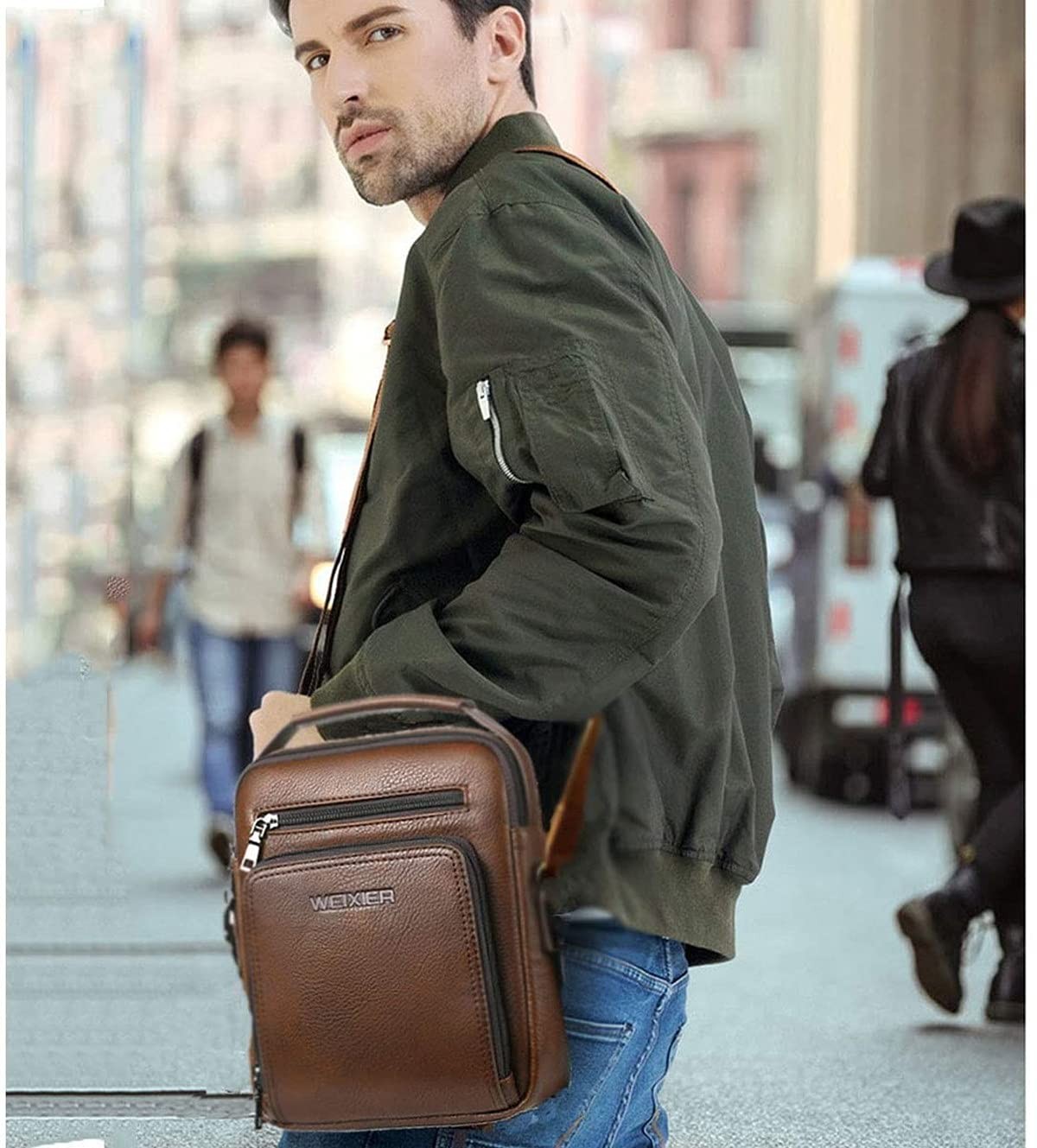 Zipper Buckle Leather Messenger Bag Vintage Handle Bags for Men Ajustable Sat…