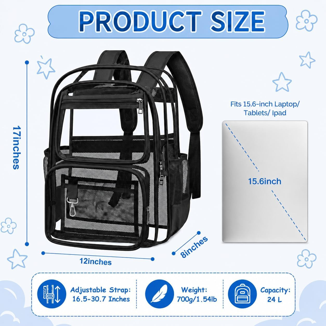 Clear Backpack for School, Large Heavy Duty Clear Bookbag with Luggage Strap & S