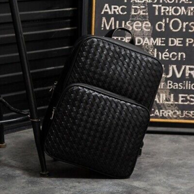 Top PU Leather Black Weaving Backpack, Soft Leather Large Capacity Travel Bags