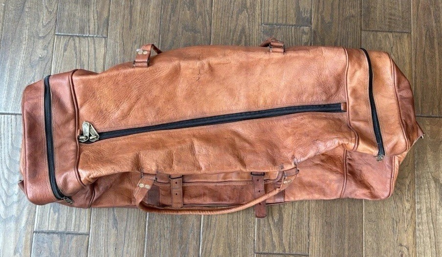 Vintage 80s Large Leather Canvas Lined Duffel Travel Bag, Several Pockets