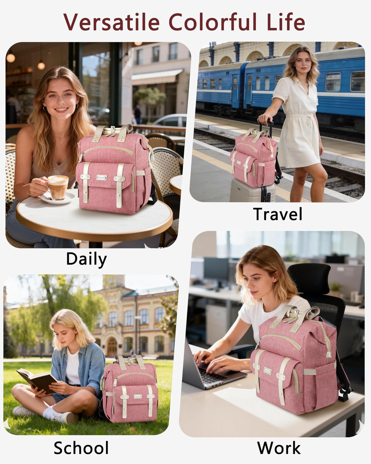 Women Wide Open Work Travel Backpack USB Charging Port Fits 15.6 Inch Laptop