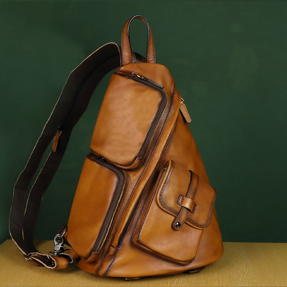 Genuine Leather Men Large Sling Bag Crossbody Bag Real Leather Backpack Purses