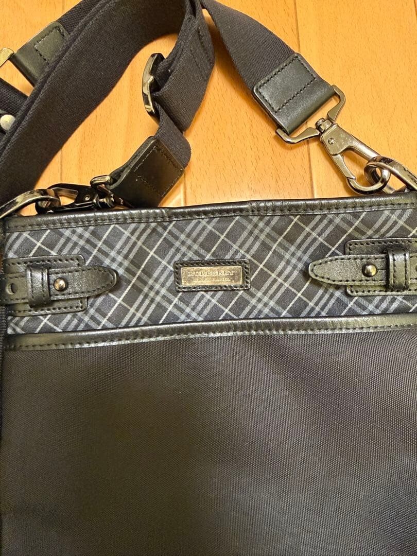 Burberry Black Label Nylon Leather Check Crossbody Shoulder Bag Men Black