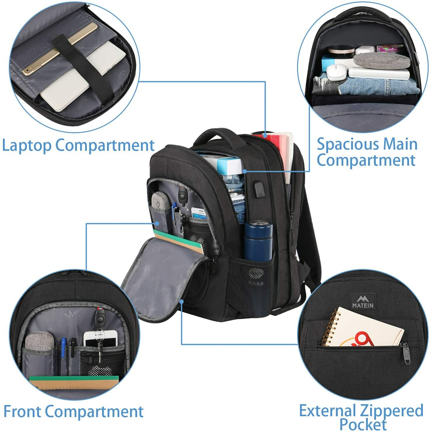 Expandable Bookbag 15.6 In Laptop School Boys Girls Backpack W/ USB Port, Black