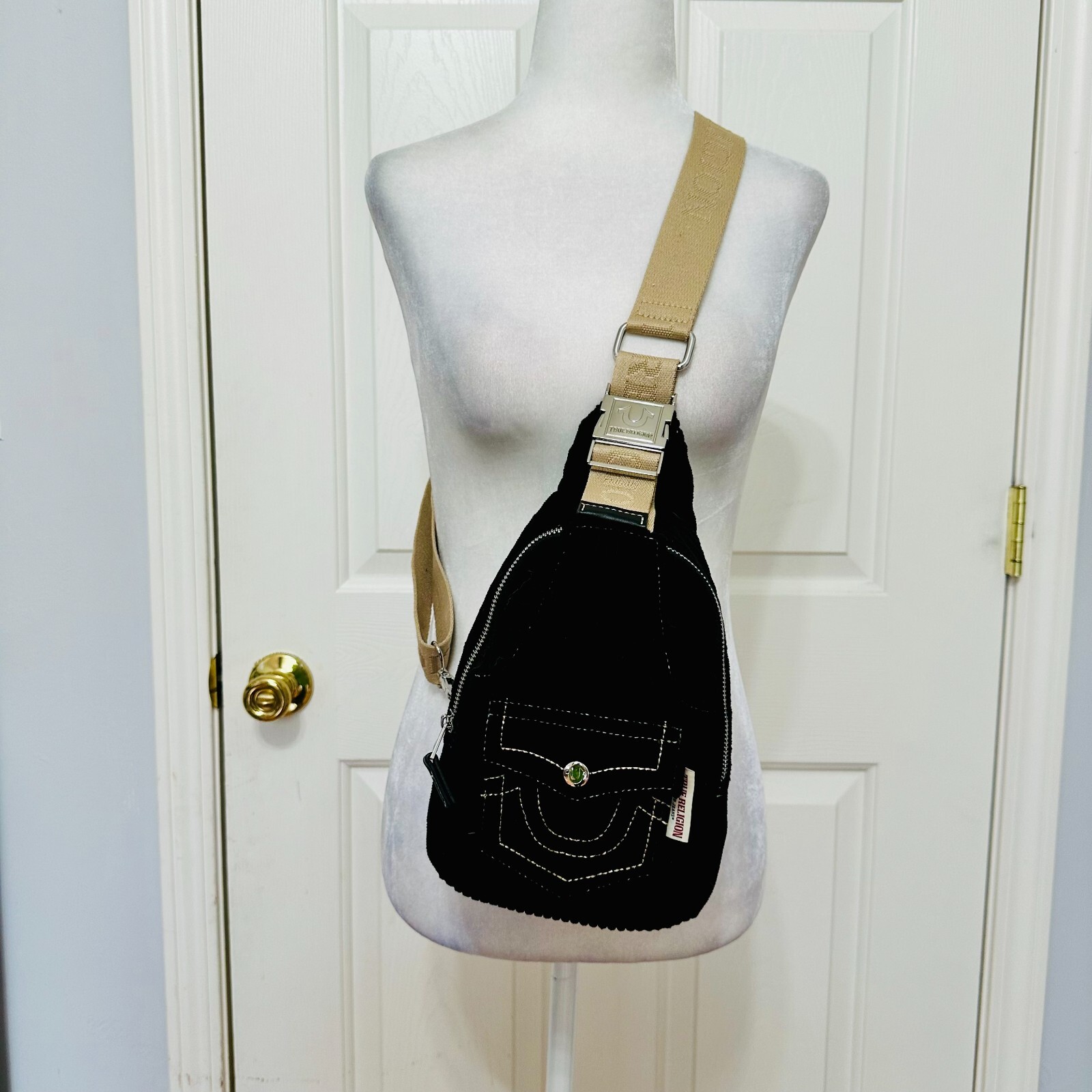 TRUE RELIGION CORDUROY SOFT SLING BACKPACK BAG BLACK WITH CONTRAST TRIM UNISEX