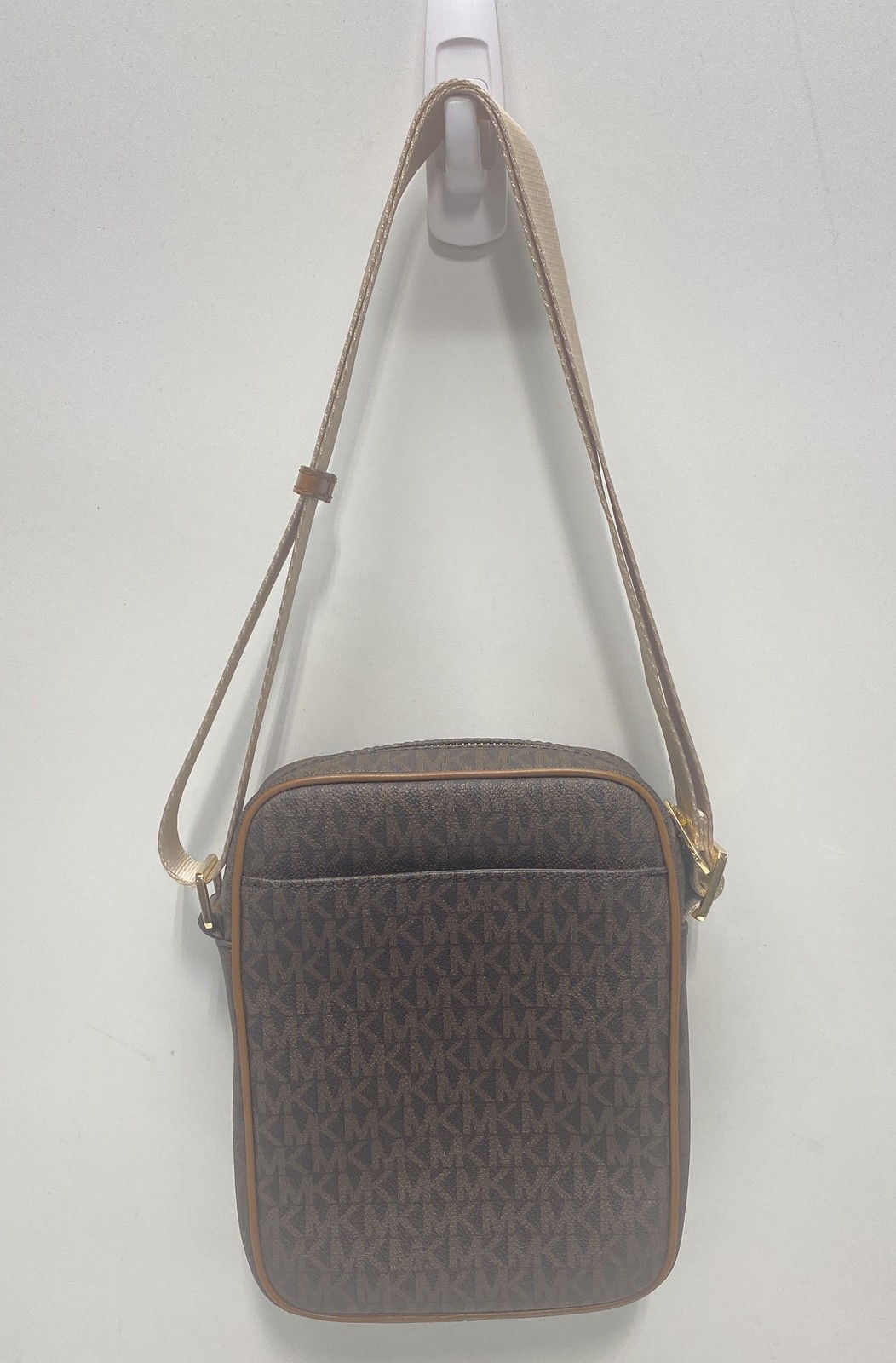 Michael Kors Brown Monogram Signature Double Zip Crossbody Bag Gold Hardware